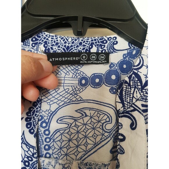 Atmosphere Women  Dress Size 4 Blue White Cap Sleeve Button Half Way Front Tied - Picture 8 of 12